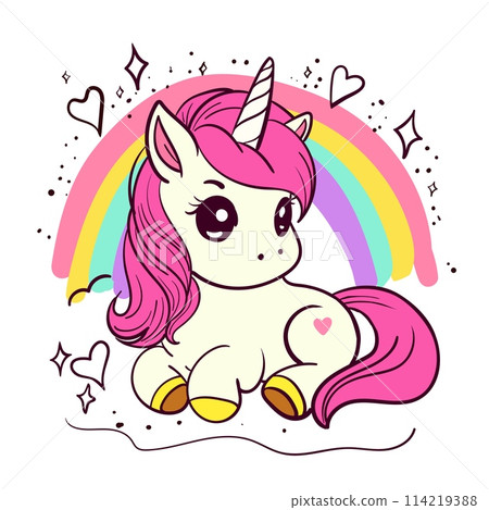Cute cartoon unicorn with rainbow background. Vector illustration of an animal with stars and hearts. Hand drawn art 114219388