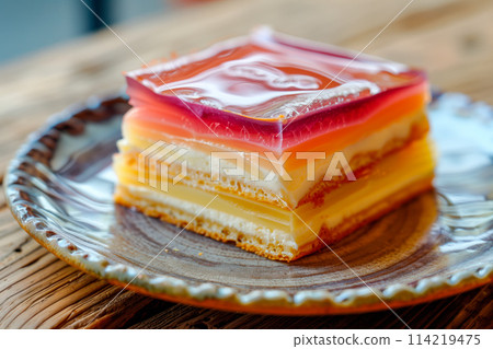 Piece of colorful jelly and custard Mille Feuille crepe cake on ceramic plate Piece of colorful jelly and custard Mille Feuille crepe cake on ceramic plate 114219475