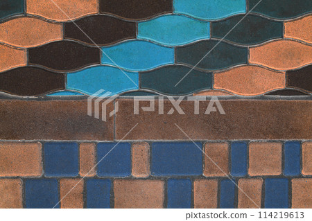 Two Kinds of Paving Colored Tiles and Dividing Border Curb Mosaic Stone Street Road City Texture Background 114219613