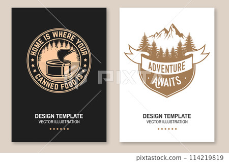 Set of camping poster design. Vector. Outdoor adventure. Design with forest, mountains, canned fish 114219819