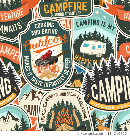 Summer camp seamless pattern or background. Vector. Fabric, textile, wallaper. 114219822