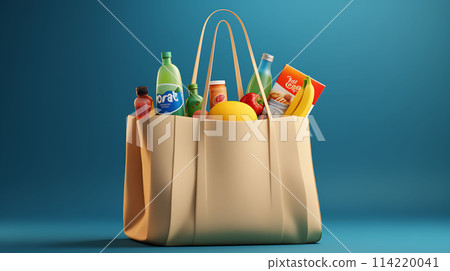 Shopping bag with groceries alone on blue background with copy space AI Generated 114220041
