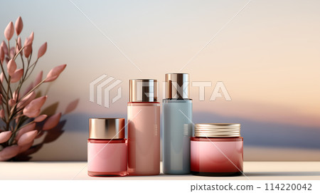 3D Illustration of Delicate Pale Pink and Blue Cosmetics Packaging Containers Bottles Ai Generated 114220042