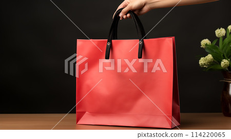female Hand Holding red Paper Shopping Bag on Black Background Sale Delivery Concept AI Generated female Hand Holding red Paper Shopping Bag on Black Background Sale Delivery Concept AI Generated 114220065
