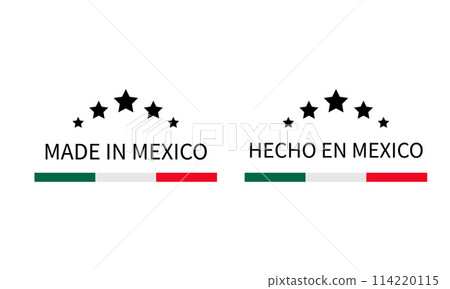 Made in Mexico labels in English and in Spanish languages. Quality mark vector icon. Perfect for logo design, tags, badges, stickers, emblem, product package, etc. 114220115