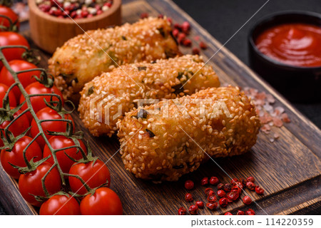 Delicious hearty vegetarian or vegan dish in the form of cutlets or patties Delicious hearty vegetarian or vegan dish in the form of cutlets or patties 114220359
