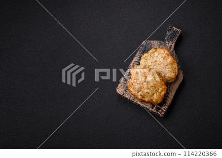 Delicious fried minced chicken cutlets with salt, spices and herbs 114220366