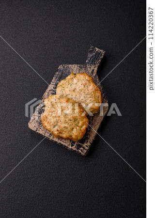 Delicious fried minced chicken cutlets with salt, spices and herbs 114220367