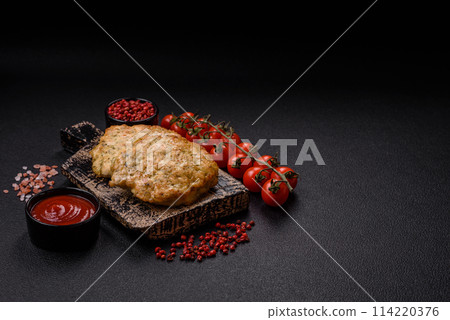 Delicious fried minced chicken cutlets with salt, spices and herbs 114220376