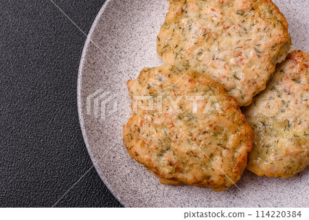Delicious fried minced chicken cutlets with salt, spices and herbs Delicious fried minced chicken cutlets with salt, spices and herbs 114220384