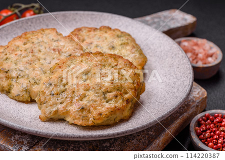 Delicious fried minced chicken cutlets with salt, spices and herbs Delicious fried minced chicken cutlets with salt, spices and herbs 114220387