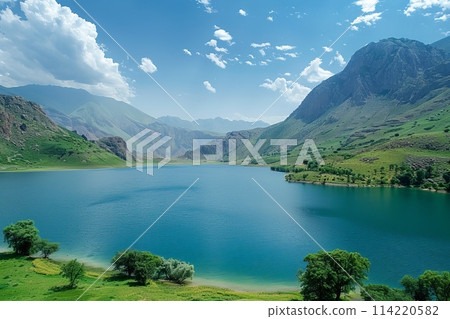 Majestic Mountain Lake with Pristine Waters and Lush Landscape 114220582