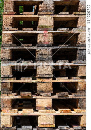 Block of wooden pallets on an industrial site, Koekelberg, Belgium 114220702