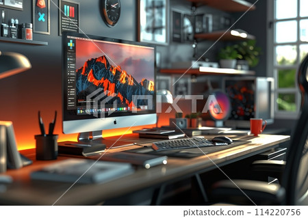 Sunlit Modern Workspace with Mountain Wallpaper Display 114220756