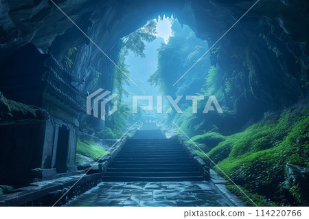 Ancient Stone Steps Leading to a Mystical Cave Entrance 114220766