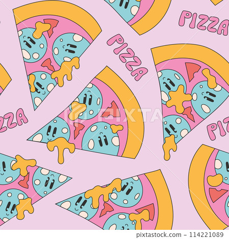 Cute groovy pizza slices seamless pattern. Pepperoni cheese pizza background for fast food, delivery, package. 114221089