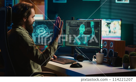 Scientist inserting disk into PC containing software evolving AI into sentient being, greeting creator. IT expert placing cartridge in computer, awakening AGI android, camera A 114221207