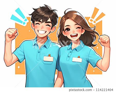 身穿馬球衫的男女工作人員快樂打拳 114221404