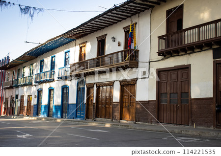 Beautiful streets at the historical downtown of the heritage town of Salamina located at the Caldas department in Colombia. 114221535