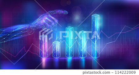Abstract financial infographics with polygonal graphic charts and a robot hand. Abstract financial infographics with polygonal graphic charts and a robot hand. 114222009