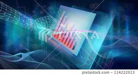 Abstract infographic financial market indicators on a virtual holographic tablet Abstract infographic financial market indicators on a virtual holographic tablet 114222013