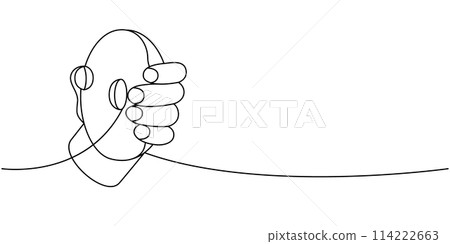 Hand holding a donut one line continuous drawing. Bakery sweet pastry food. Vector linear illustration. 114222663