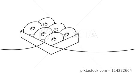 Glazed donuts in box one line continuous drawing. Bakery sweet pastry food. Vector linear illustration. Glazed donuts in box one line continuous drawing. Bakery sweet pastry food. Vector linear illustration. 114222664