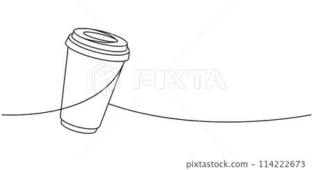 Coffee takeaway cup one line continuous drawing. Hand drawn elements for cafe menu, coffee shop. Vector linear illustration. 114222673
