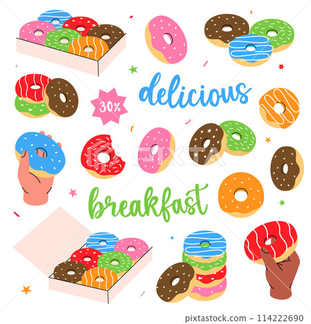 Donuts set banner. Glazed doughnuts with sprinkles. Bakery sweet pastry food. Hand drawn elements for confectionery menu, bakery shop. 114222690