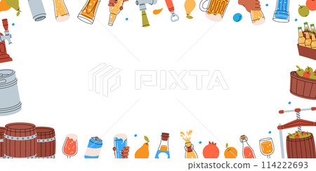 Fruit cider elements in horizontal banner. Wooden barrels, cans, glasses, mugs, metal keg, bottle opener, tap. Fruit beer collection. 114222693