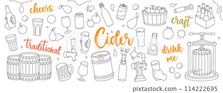 Fruit cider outline set. Wooden barrels, cans, glasses, mugs, metal keg, bottle opener, tap. Cider process production. Craft fruit beer collection. 114222695
