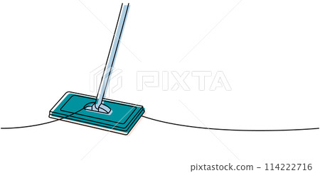 Floor cleaning mop one line colored continuous drawing. Cleaning service tools continuous one line illustration. Vector linear illustration. 114222716