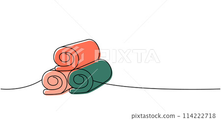 Towels for bathroom one line colored continuous drawing. Cleaning service tools continuous one line illustration. Vector linear illustration. Towels for bathroom one line colored continuous drawing. Cleaning service tools continuous one line illustration. Vector linear illustration. 114222718