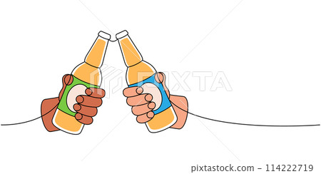 Hands holding beer bottles one line colored continuous drawing. Beer pub products continuous one line illustration. Vector linear illustration. Hands holding beer bottles one line colored continuous drawing. Beer pub products continuous one line illustration. Vector linear illustration. 114222719