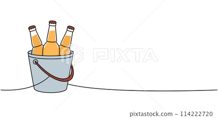 Beer bottles in a ice bucket one line colored continuous drawing. Beer pub products continuous one line illustration. Vector linear illustration. 114222720