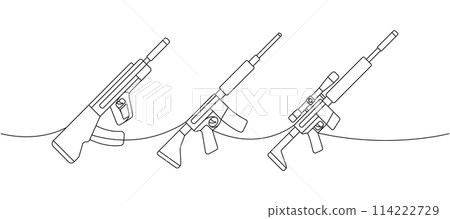 Tactical assault rifles set one line continuous drawing. Various modern weapons continuous one line illustration. Vector linear illustration. Tactical assault rifles set one line continuous drawing. Various modern weapons continuous one line illustration. Vector linear illustration. 114222729