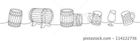 Beer set one line continuous drawing. Old wooden barrels, beer mugs continuous one line illustration. Vector linear illustration. 114222736