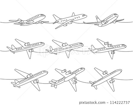 Jet airplane set. Air transport one line continuous drawing. Passenger airplanes continuous one line illustration. Vector minimalist illustration Jet airplane set. Air transport one line continuous drawing. Passenger airplanes continuous one line illustration. Vector minimalist illustration 114222737