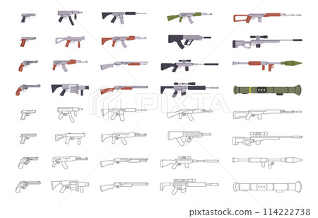 Tactical assault rifles. Military weapons silhouettes. Various modern weapons. Smoothbore guns, AK 47, sniper rifles, anti-tank grenade launchers. Tactical assault rifles. Military weapons silhouettes. Various modern weapons. Smoothbore guns, AK 47, sniper rifles, anti-tank grenade launchers. 114222738