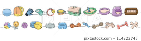 Set of pet supplies. Sleeping pillow, chew toy, ball toys, medal, nail clippers, brush, hair remover glove, tape measure leash, portable water bowl 114222743