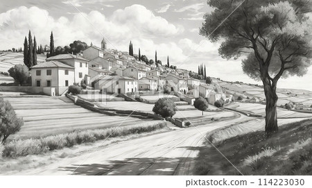 pencil sketch hand drawn beautiful landscape for card, and content creation 114223030