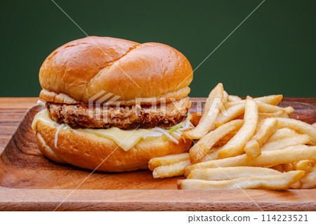 Chicken Tatsuta hamburger fries green background 114223521