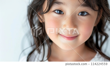 Teenage Japanese girl, smiling close-up, white background 114224559