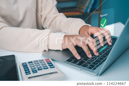 Business people using computer, online payment, banking, online shopping, Digital online payment concept. Technology online banking applications via internet network. financial transaction. 114224667