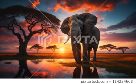 稀樹草原景觀和雄偉的大象站在夕陽照亮的湖岸上 114224668