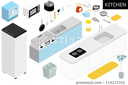 新生活所需廚房用品的等距插圖 114225102