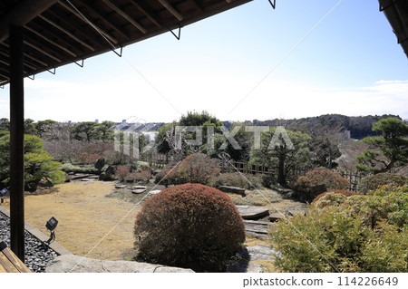 View of the garden from the East Lint-Entrance Hall in Kobuntei at Kairakuen, one of the Three Great Gardens of Japan. View of the garden from the East Lint-Entrance Hall in Kobuntei at Kairakuen, one of the Three Great Gardens of Japan. 114226649