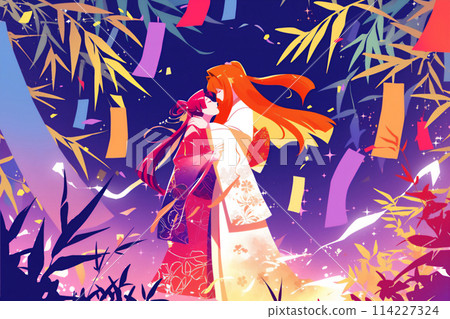 An illustration of Orihime and Hikoboshi surrounded by Tanabata bamboo leaf decorations 114227324