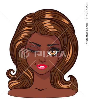 Cartoon dark skinned girl winking 114227450