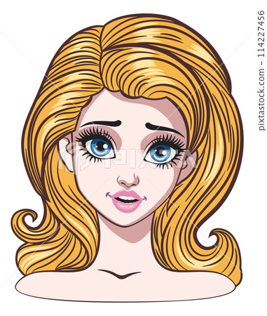Cartoon blond girl with big blue eyes 114227456